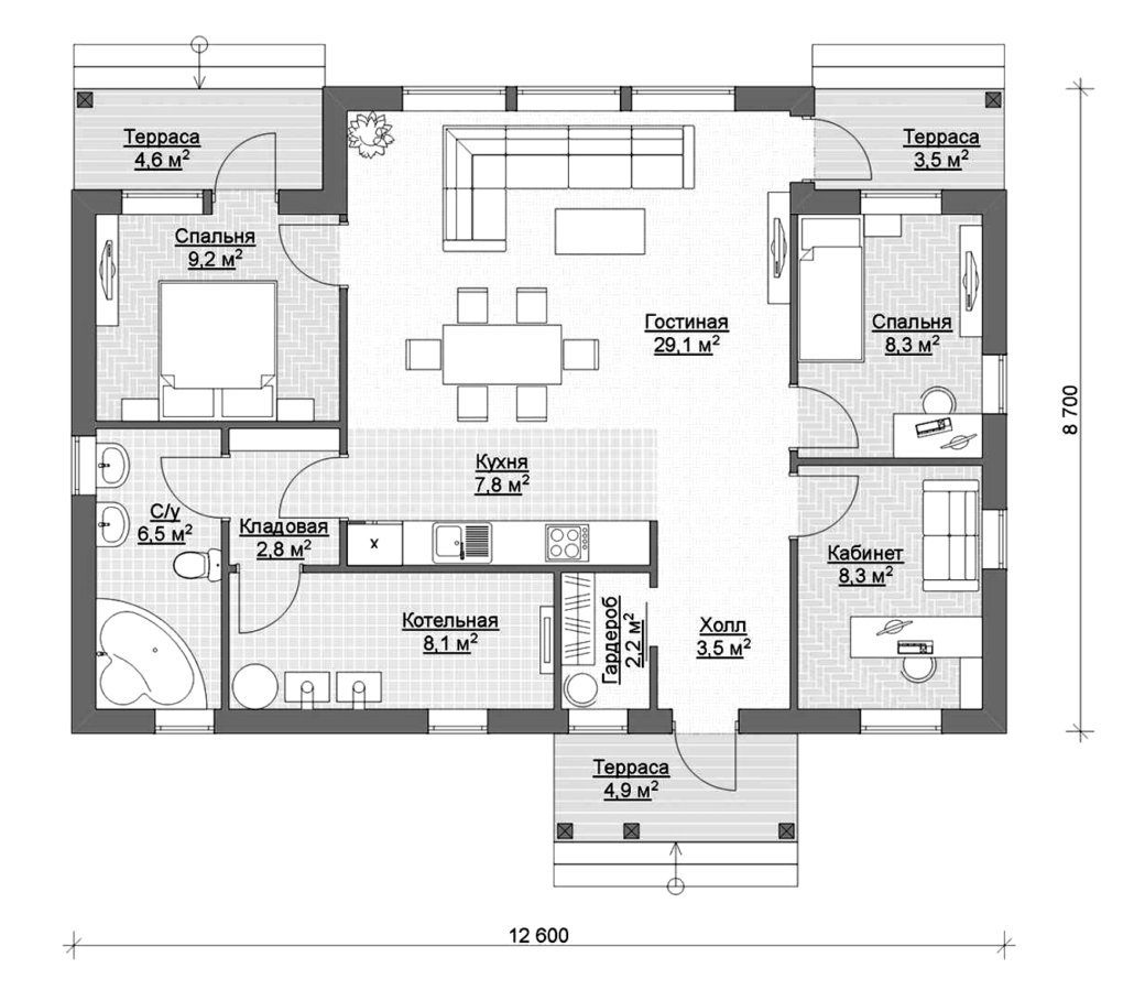 Вариант планировки одноэтажного дома
