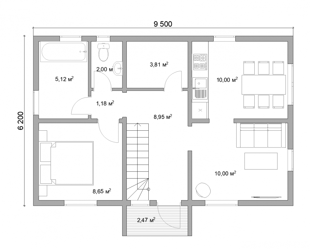 Барнхаус двухэтажный 6х9,5 планировка 1 этаж